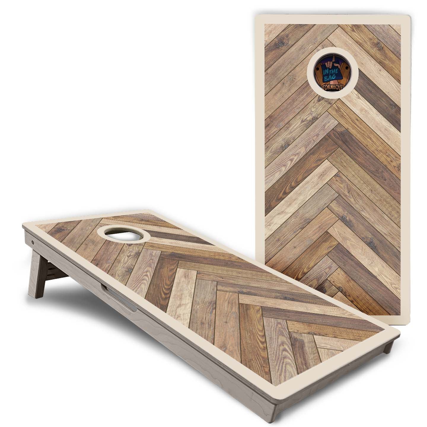 "Herringbone Wood with Borders" Cornhole Boards